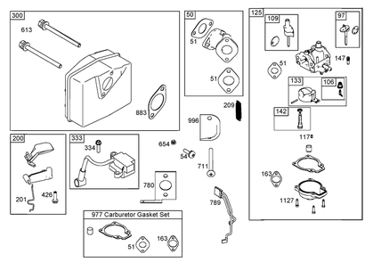 Muffler, Carburetor, And Intake Manifold Assemblies Briggs And Stratton 084233-0198-E1 Diagram and Parts List for 33006 260000001 - 260999999 Lawn Boy Snow Blower